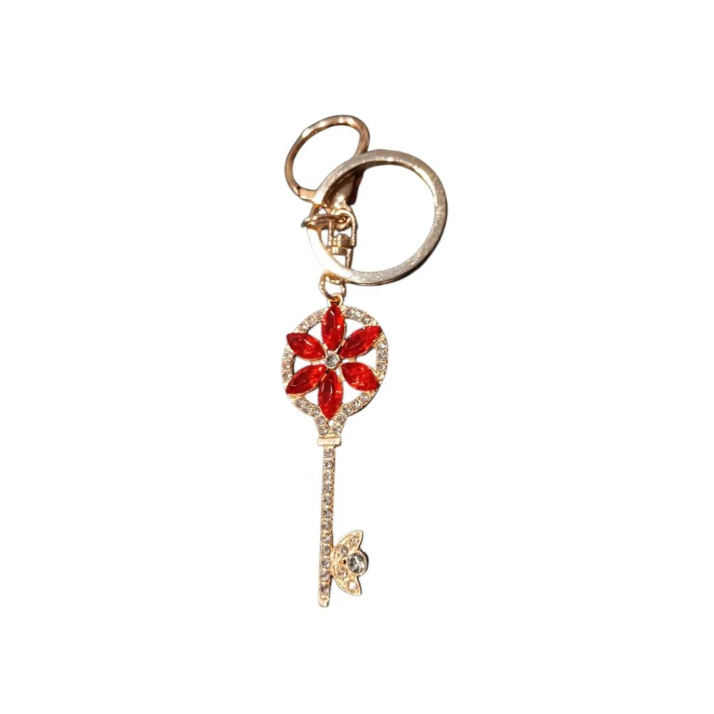 Skeleton Key Red Flower Keychain Purse Charm Bling Rhinestone